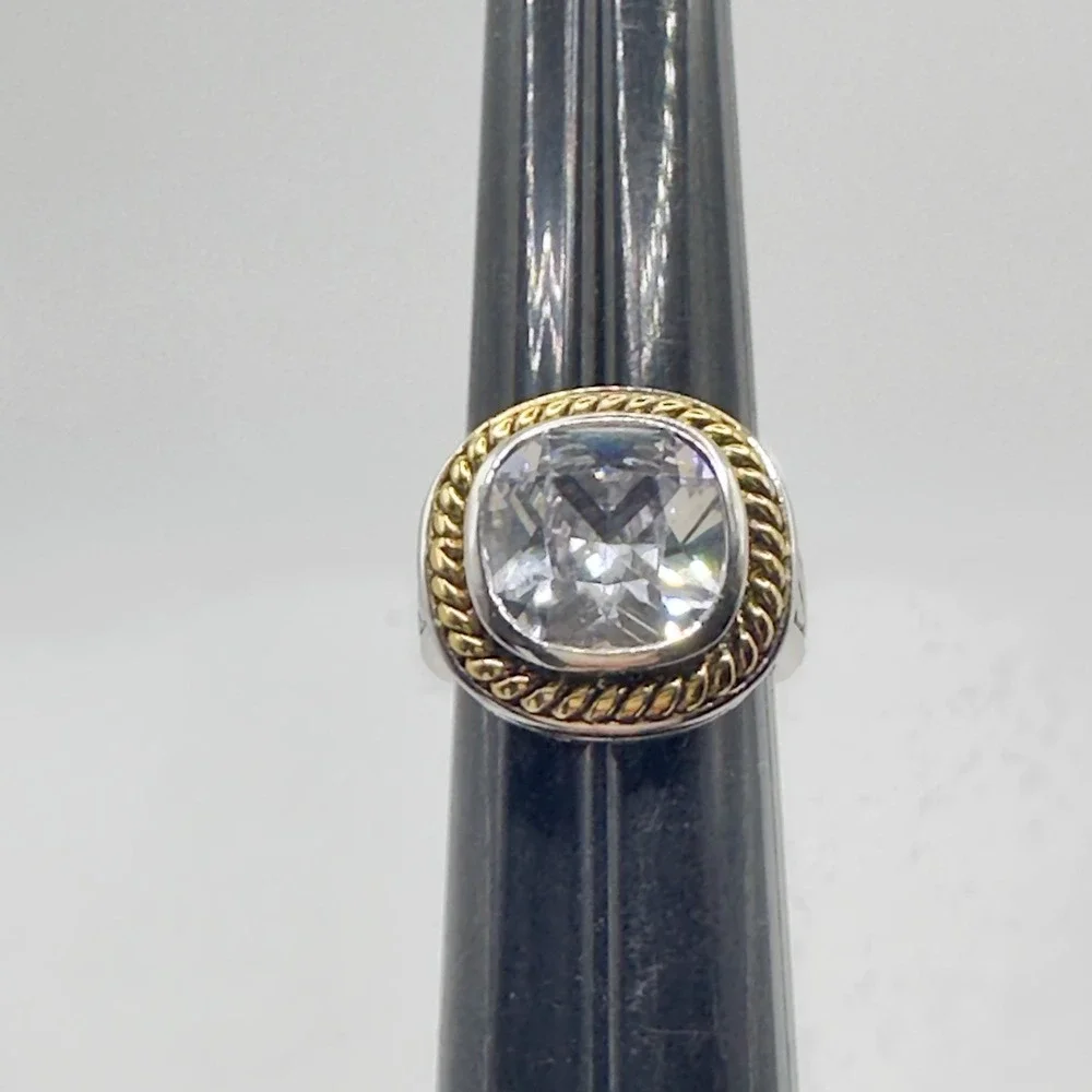 Designer Inspired Statement Ring Large CZ Silver Tone Gold Tone Rope Accent 7.25